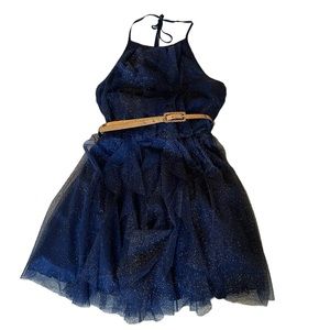 TeezeMe Navy Blue Dress Size 9 - Sparkling Tulle, Gold Belt, and Flirty Back!